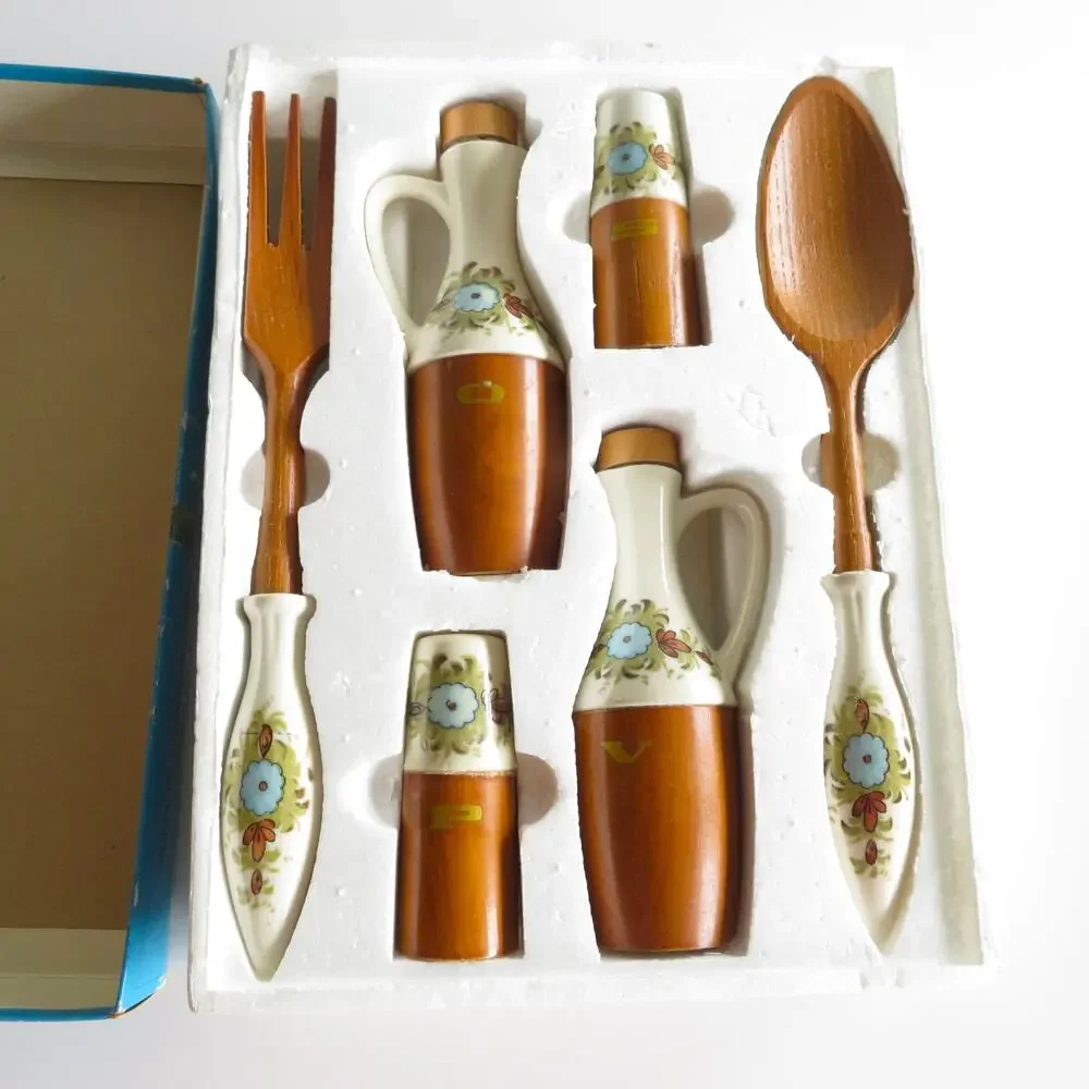 Vintage 6 Pc Salad Set Japan Wood Ceramic Kresge Oil Vinegar Salt Pepper MCM